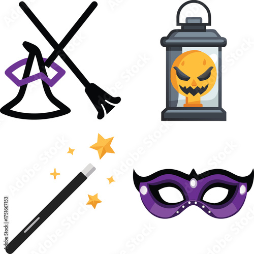 Vector art of halloween icons witch broom, jackolantern in lantern, magic wand with stars, and purple masquerade mask