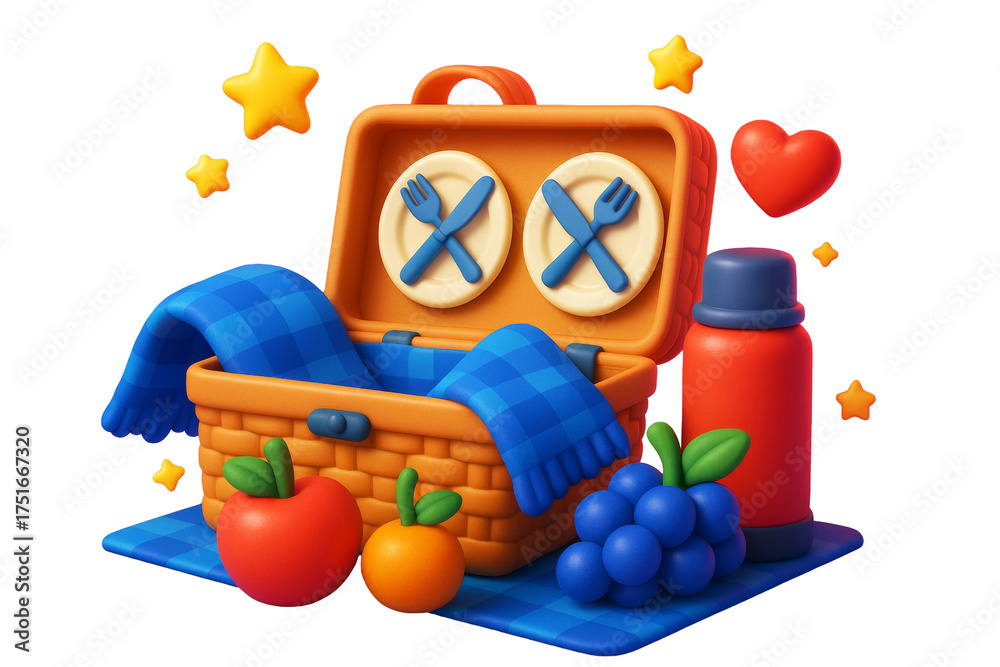 Obraz premium Picnic basket with blanket, thermos, fruit, and utensils in a playful abstract style on white background, concept of leisure and hobby. Ai generative