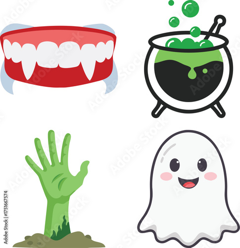 Vector art of collection of halloween icons including vampire teeth, bubbling cauldron, zombie hand, and cute ghost