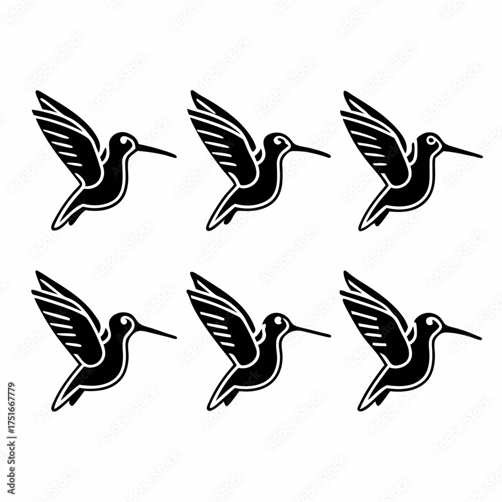Obraz premium Six hummingbird silhouettes in flight, showcasing their delicate wings and graceful form