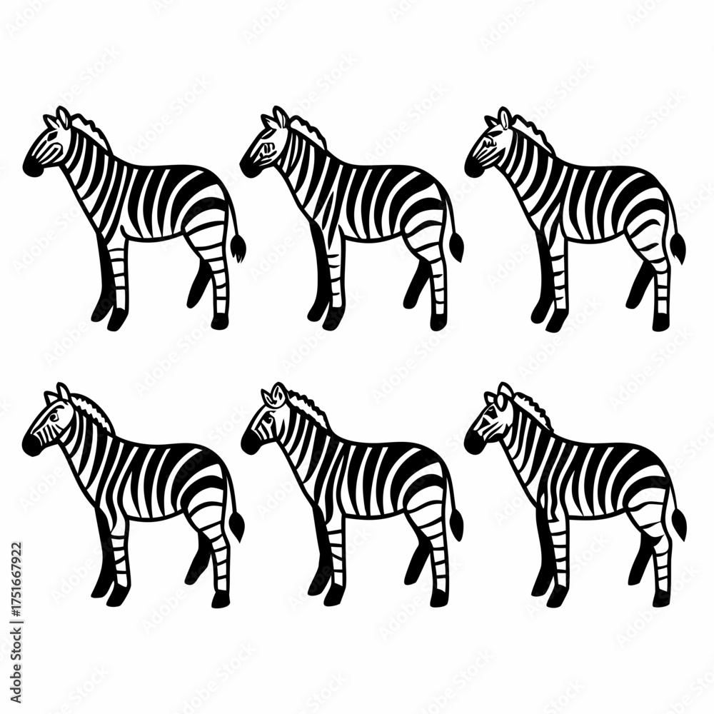 Fototapeta premium Six zebras standing on a, each with black and white stripes, in a simple cartoon style