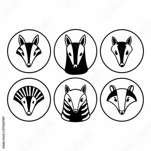 Collection of six badger head icons in black and white, vector illustration