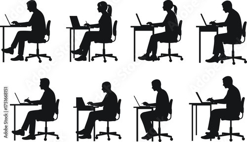 Office worker silhouettes vector set with men and women using laptops, sitting on chairs, desk workspace, remote work, business illustration design
