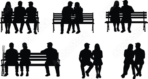 Silhouette illustration of couples sitting on park benches, romantic people talking and relaxing, vector art for love and relationship design.