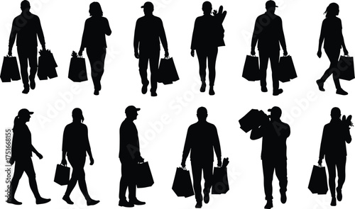 Silhouette illustration of people walking and carrying shopping bags, modern shoppers in motion, vector art for retail and lifestyle design.