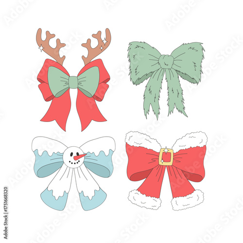 Preppy Coquette Christmas Tree Santa Deer Snowman Bows Clipart set. Cute Girlie Holiday Festive Bow Illustration Set