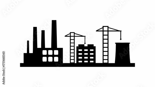 Modern industrial landscape featuring factories and construction cranes, ideal for energy, industry, and urban development themes, a powerful scalable symbol