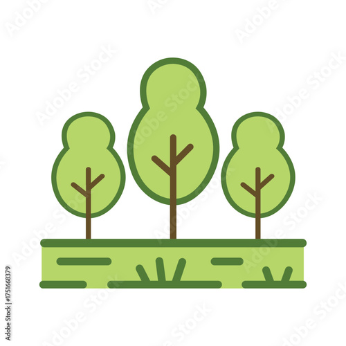 Three vibrant green trees stand on a verdant strip of land, isolated