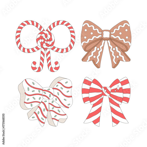 Preppy Coquette Christmas Gingerbread Tree Cake Candy Cane Bows Clipart set. Cute Girlie Holiday Sweets and Festive Dessert Bow Illustration Set