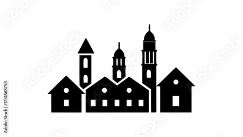 Charming European town skyline with church towers, a simple black silhouette of houses and religious buildings, perfect for logo and icon designs