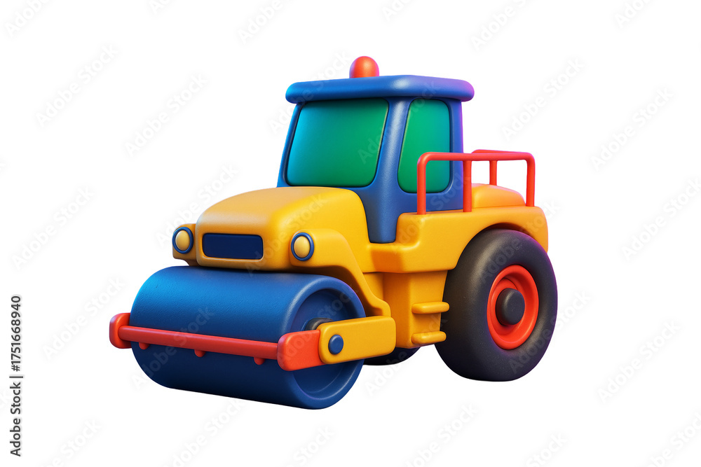 Fototapeta premium Bright cartoon-style steamroller toy in colorful tones, isolated on clean white background, perfect for creative design or industry concept. Ai generative