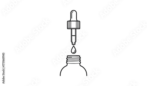 Hand drawn illustration of a dropper dispensing liquid into a bottle
