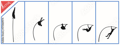 Set of silhouettes of various pole vault athlete poses on a white background.