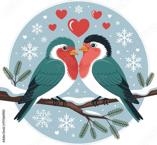 Charming winter couple of birds perched on a snowy branch surrounded by snowflakes and hearts creating a festive and romantic atmosphere for holiday decorations and gifts