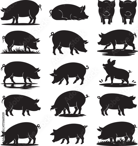 Black and white silhouette illustrations of a set of farm pigs