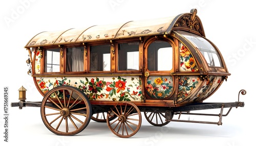 Handcrafted vintage gypsy wagon with floral patterns high resolution picture