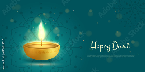 Happy Diwali horizontal banner with diya lamp and mandala patterns. Traditional Indian festival of lights Shubh Deepavali. Vector illustration for celebration, culture themes