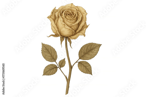 Vintage sepia rose illustration with botanical details and leaves, representing love, romance, and antique beauty on a transparent background