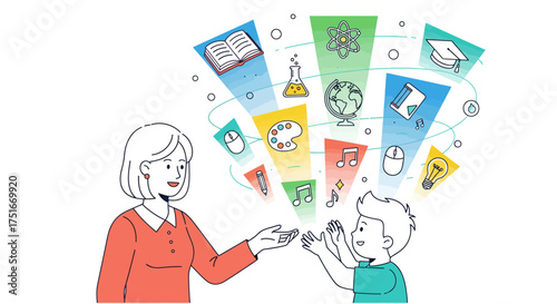 Flat modern scenes of a character communicating E-learning concepts and fostering creativity through education and technology