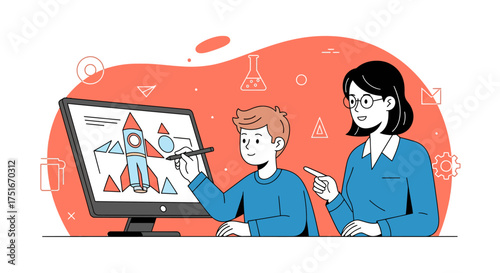 Flat modern E-learning scenes featuring a character fostering creativity in education, illustration style