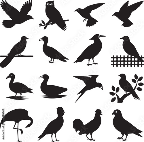 Collection of bird silhouettes diverse avian species graphic design element