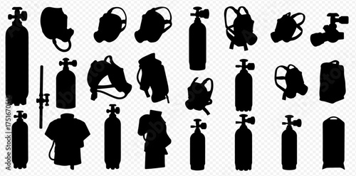 A collection of black silhouettes of various oxygen tanks, gas cylinders, and scuba diving equipment on a transparent background.