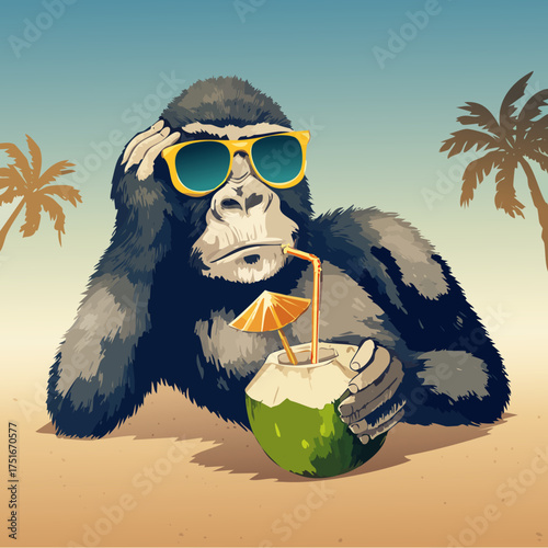 Funny Gorilla Chilling on Beach with Coconut Juice Vector Design