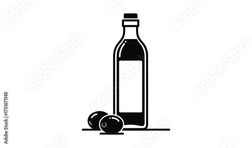 Elegant wine bottle with two grapes on a white background