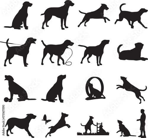Collection of Dog Silhouettes in Various Poses and Activities on White