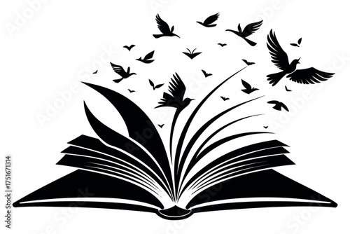 Open book with birds flying away isolated on white background, symbolizing freedom and imagination through reading
