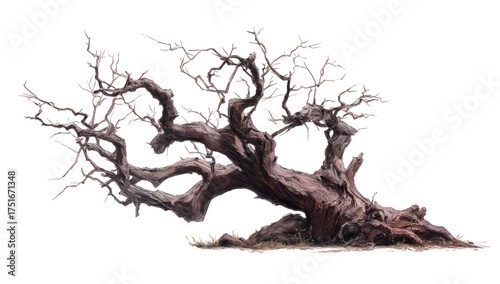 A gnarled, leaning tree against a dark background.  Its branches are twisted and reaching,  with muted browns and grays.  The trunk is thick and  appears weathered