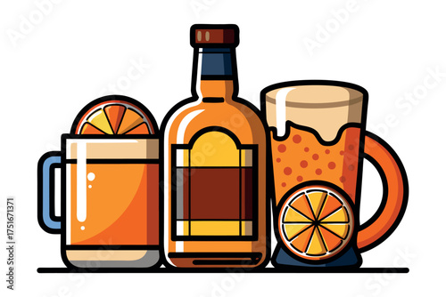 Orange cocktail and liquor isolated on white background, a refreshing drink for a summer party