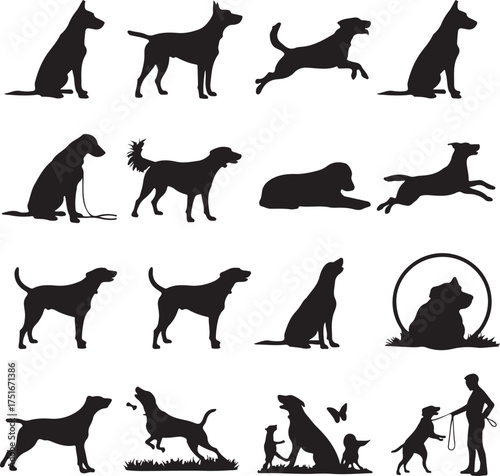 Collection of dog silhouettes in various poses on white background