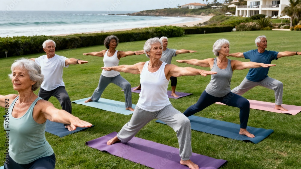 Obraz premium Elderly women practicing yoga outdoors on mats by the ocean 