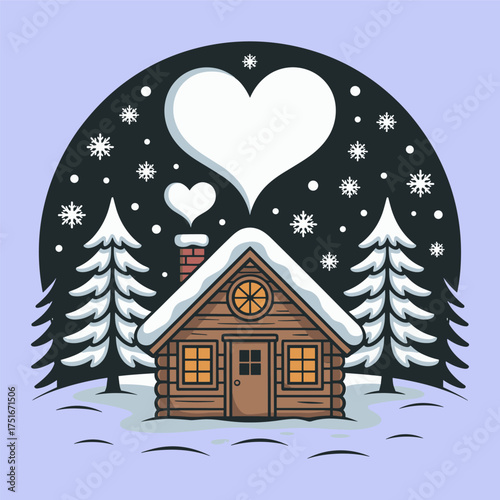 A cozy log cabin nestled in a snowy forest under a starry night sky with a large heart shaped cloud emanating from the chimney symbolizing love and warmth during the winter season