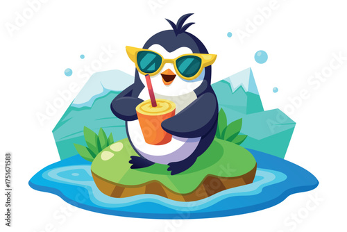 A cool penguin enjoying a drink on a small island, embodying relaxation and summer vibes isolated on white background