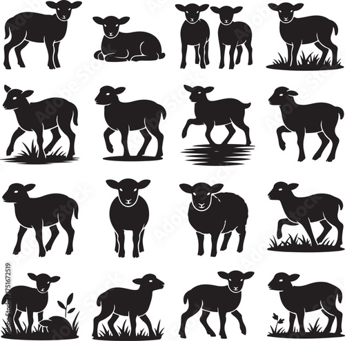 Collection of silhouette vector illustrations of cute lambs and sheep