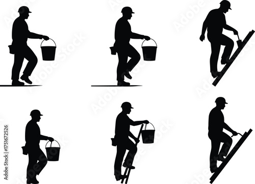 Construction worker silhouette climbing ladder, carrying bucket, helmet safety, industrial labor poses, black vector icon set, cad drawing flat vector illustration