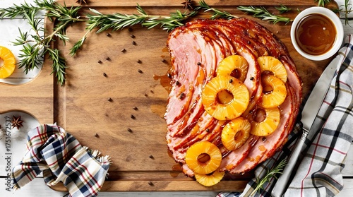 Caribbean Christmas Glazed Ham with Pineapple Rings and Holiday Herbs (Jamaican Cuisine)
