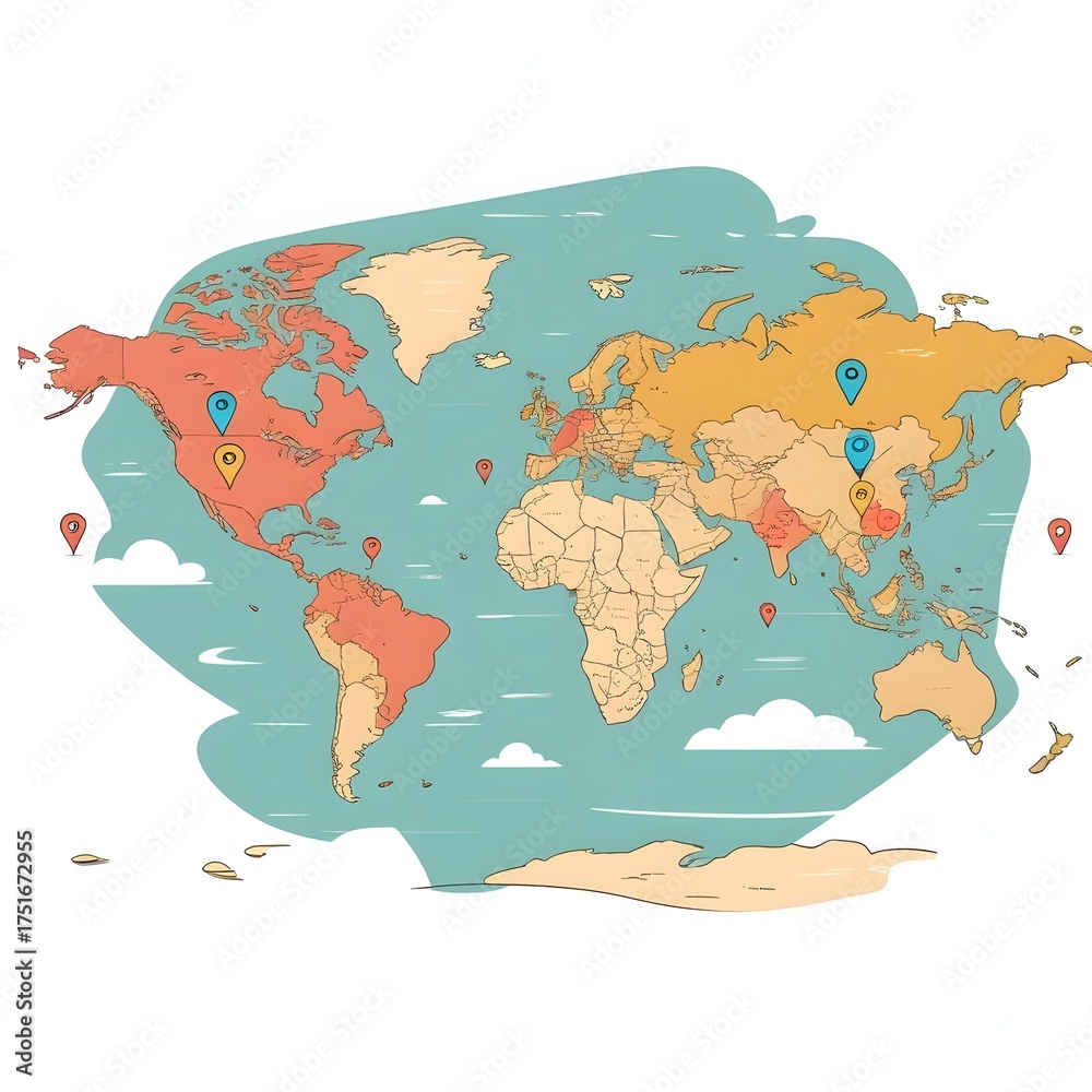 Naklejka premium World Map with Location Pins Vector Illustration