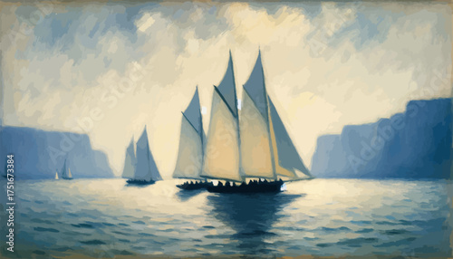 Sailing boats serene sailing on calm ocean with cliff background