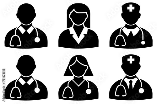set of Doctor and Nurse Silhouette Icons Bundle Isolated on White Background