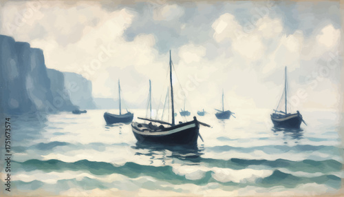 Fishing boats peaceful moored in a bay with cliffs under cloudy sky