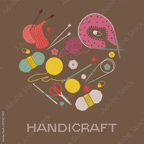 Colorful vector illustration displaying various knitting and handicraft tools arranged in a heart shape. Includes yarn, needles, scissors, and buttons, perfect for craft enthusiasts.