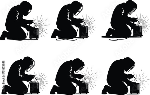 Welding silhouette set, kneeling welder with sparks, protective helmet, industrial worker icon, black vector illustration for occupational safety themes
