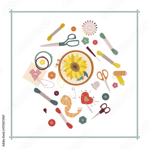 Vector illustration showcasing a vibrant collection of embroidery tools and supplies. Includes scissors, thread, pins, buttons, and a sunflower embroidery hoop, perfect for crafting enthusiasts.