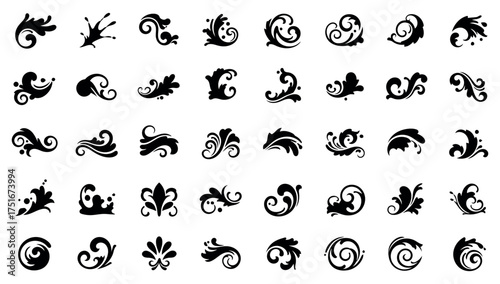 Collection of elegant black decorative floral and scrollwork elements for design and illustration