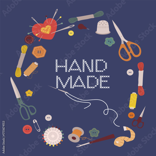 Vector illustration of handmade craft supplies featuring scissors, thread, and needles on a blue background. Creative tools are arranged artistically around the Hand Made text for DIY projects.