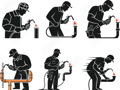 Welding worker cartoon vector set, blowtorch illustration, industrial safety gear, pipe welding poses, cad drawing flat vector illustration