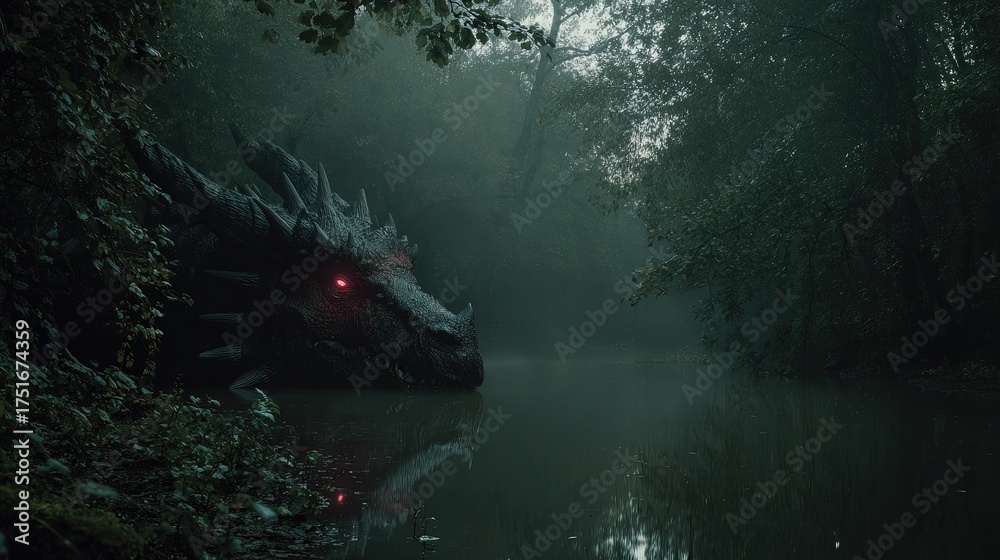 Fototapeta premium Shadow dragon lurking in a cursed swamp glowing red eyes eerie mist dark fantasy aesthetic